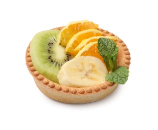 Photo of Tartlet with fruits and mint isolated on white. Delicious dessert