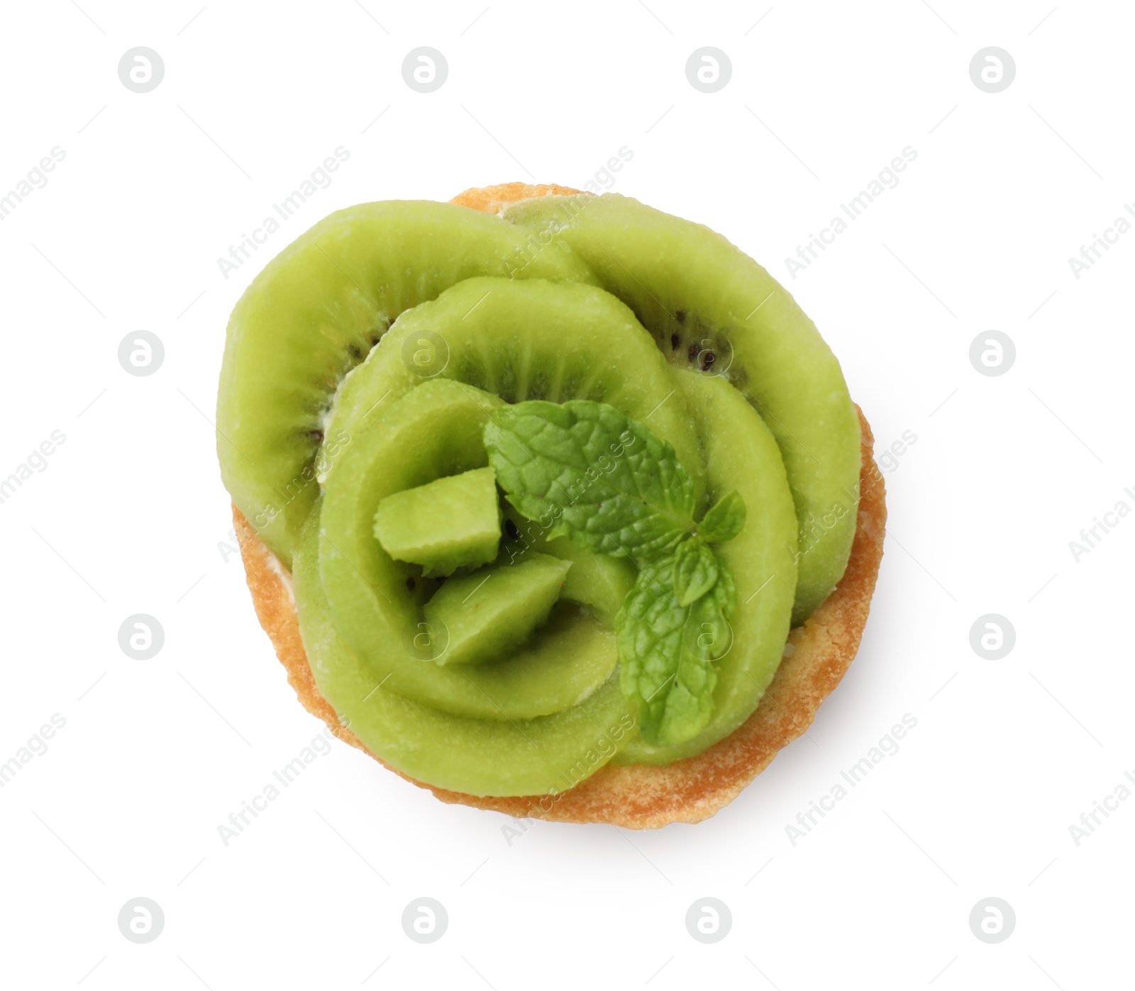 Tartlet with kiwi and mint isolated on white, top view. Delicious dessert Photo of Tartlet with kiwi and mint isolated on white, top view. Delicious dessert