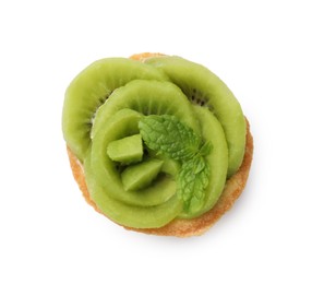 Photo of Tartlet with kiwi and mint isolated on white, top view. Delicious dessert