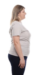 Photo of Weight loss. Plus size woman on white background
