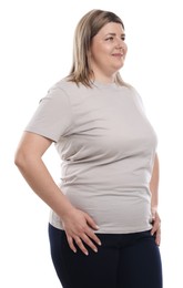 Photo of Weight loss. Plus size woman on white background
