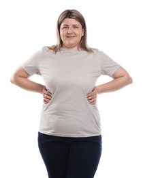 Photo of Weight loss. Plus size woman on white background