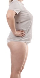 Photo of Weight loss. Plus size woman on white background, closeup