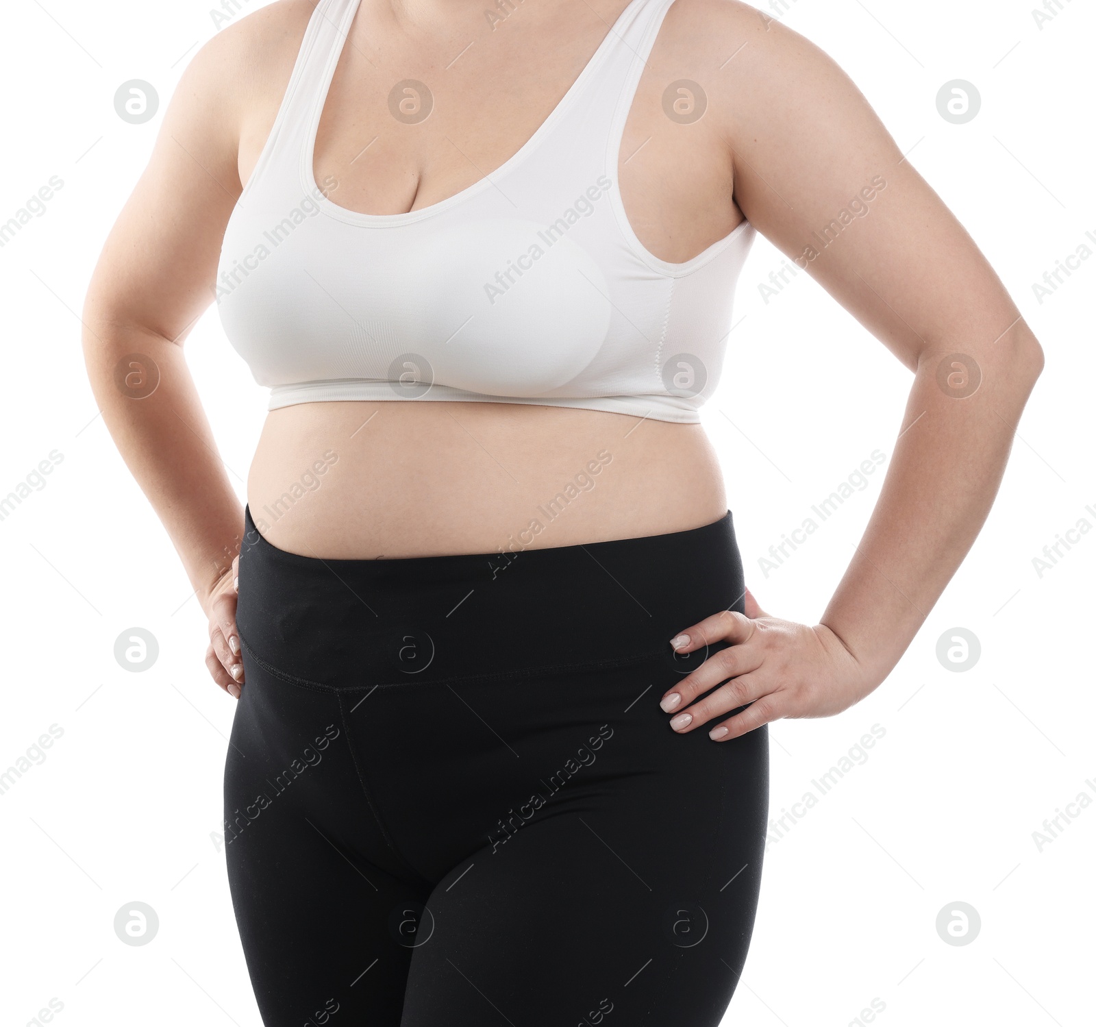 Weight loss. Plus size woman on white background, closeup Photo of Weight loss. Plus size woman on white background, closeup
