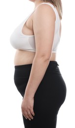Photo of Weight loss. Plus size woman on white background, closeup