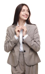 Photo of Happy woman in suit on white background
