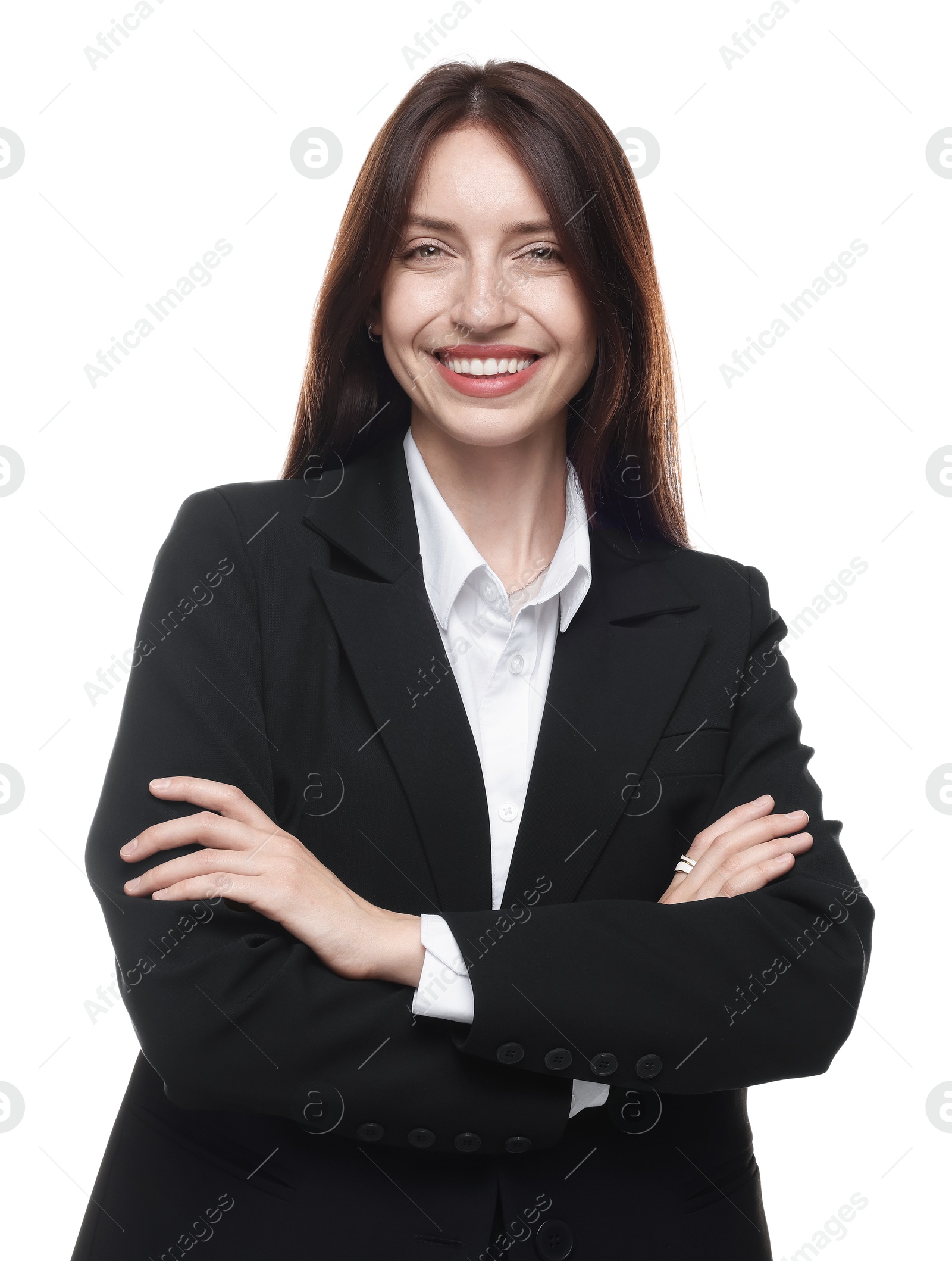 Photo of Happy woman in suit on white background