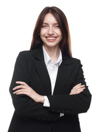 Photo of Happy woman in suit on white background