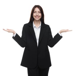 Photo of Happy woman in suit on white background
