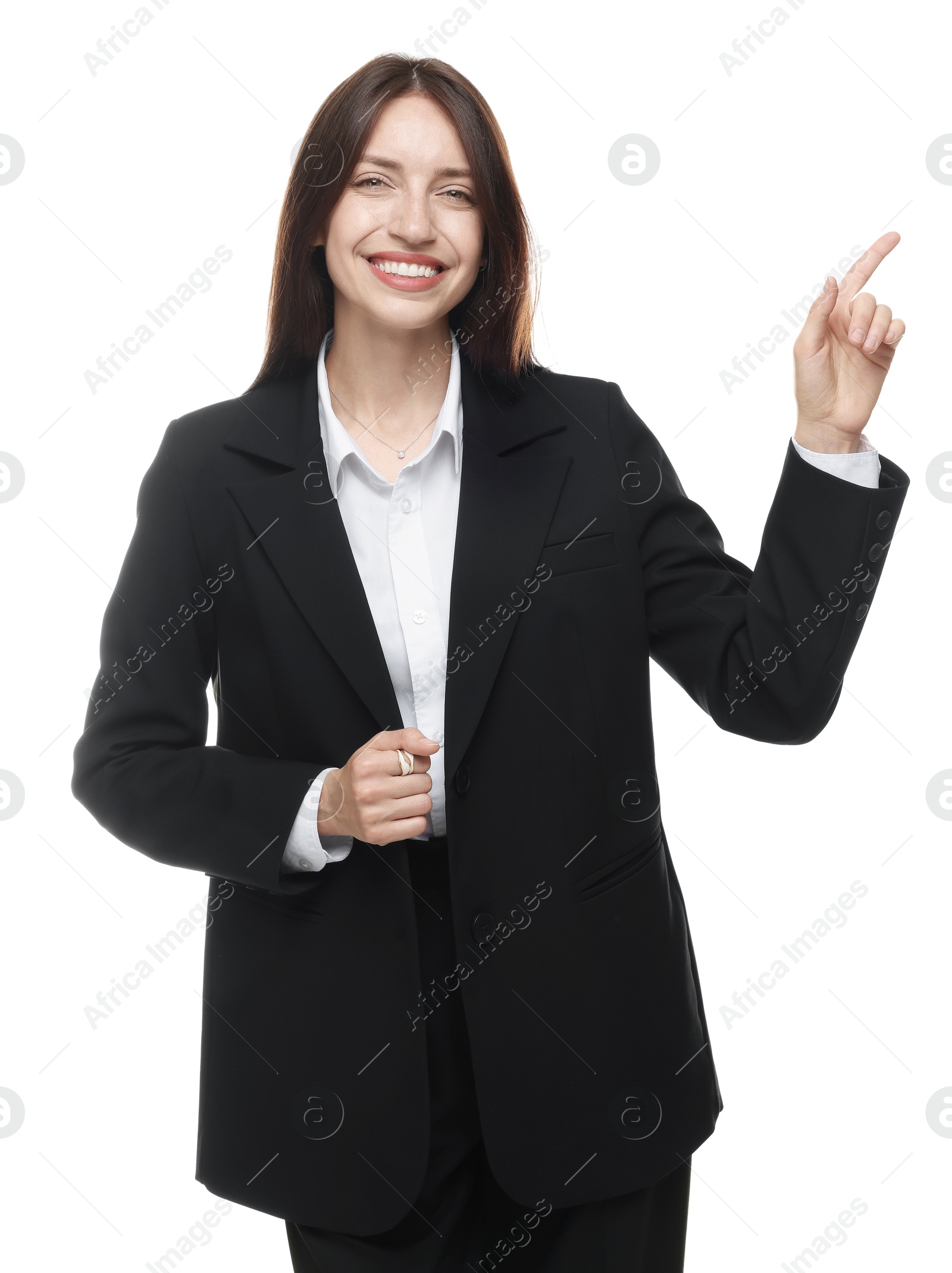 Photo of Happy woman in suit on white background