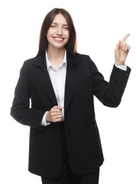 Photo of Happy woman in suit on white background