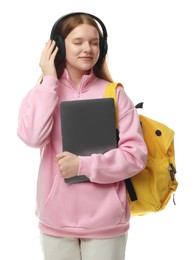 Photo of Teenage girl with laptop, headphones and backpack on white background