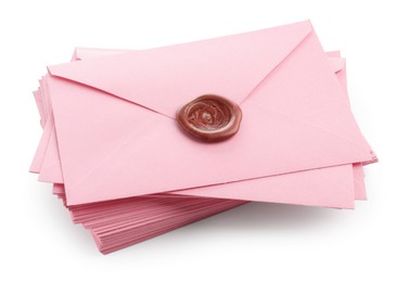 Photo of Stack of love letters with seal isolated on white