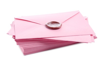 Photo of Stack of love letters with seal isolated on white