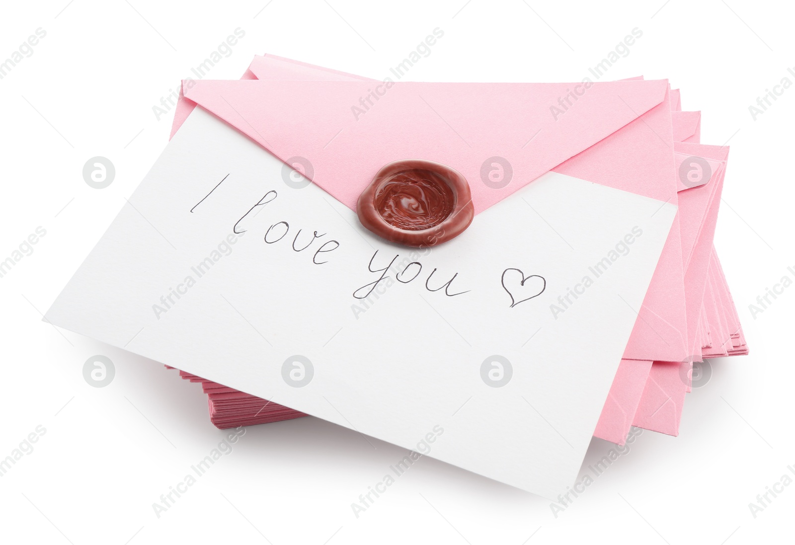 Stack of letters and paper with words I Love You isolated on white Photo of Stack of letters and paper with words I Love You isolated on white