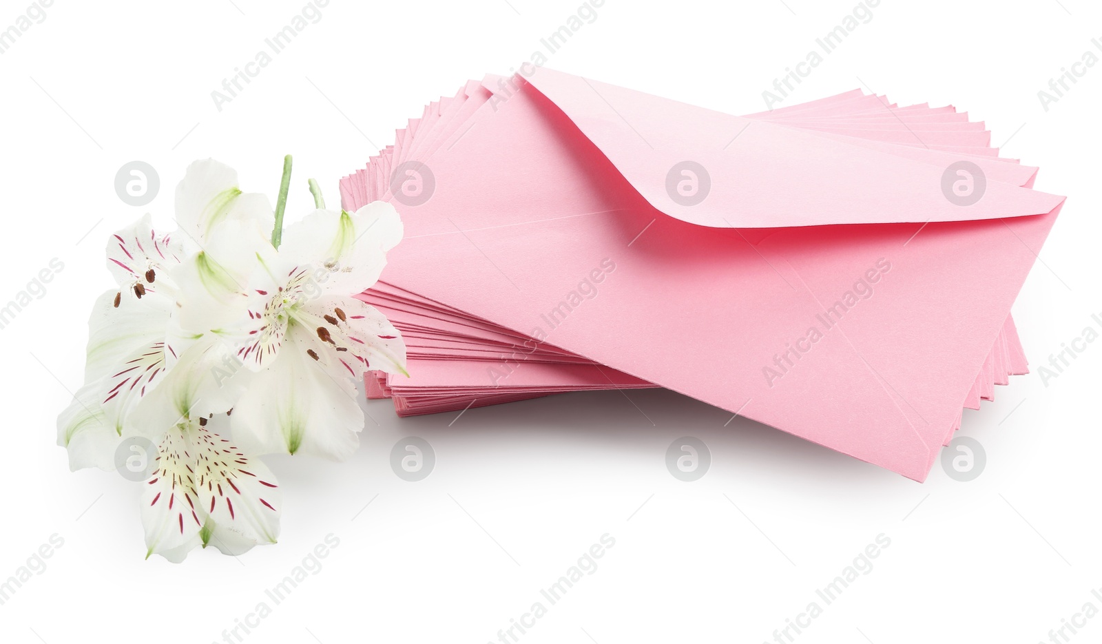 Photo of Stack of love letters and flowers isolated on white