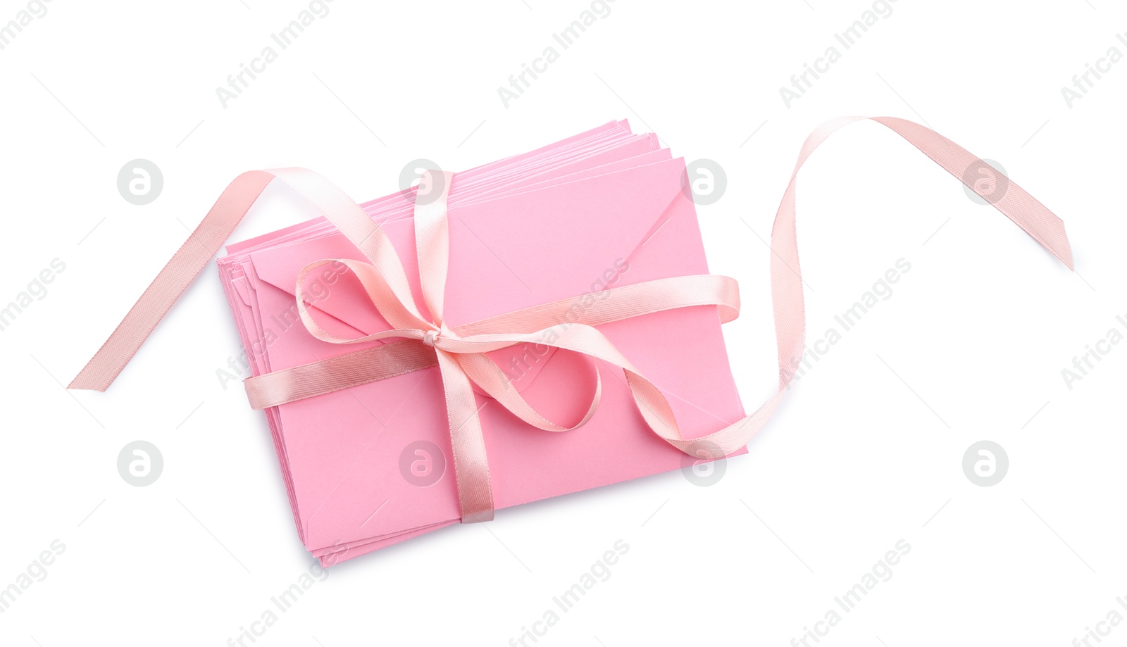 Stack of love letters with ribbon isolated on white, top view Photo of Stack of love letters with ribbon isolated on white, top view
