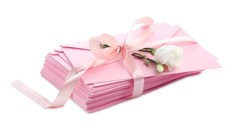 Photo of Stack of love letters and flower isolated on white