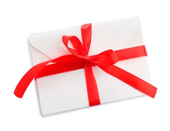 Photo of Stack of love letters with ribbon isolated on white, top view