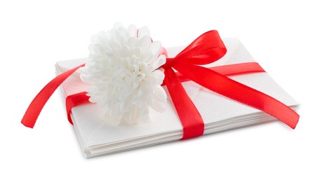 Photo of Stack of love letters and flower isolated on white