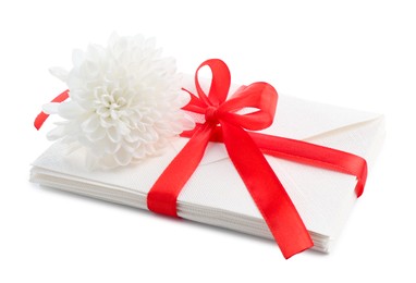 Photo of Stack of love letters and flower isolated on white
