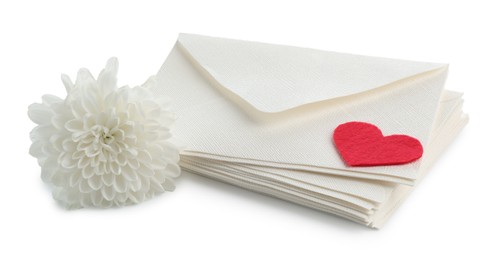 Photo of Stack of love letters and flower isolated on white