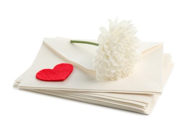 Photo of Stack of love letters and flower isolated on white