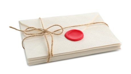 Photo of Stack of love letters with seal isolated on white