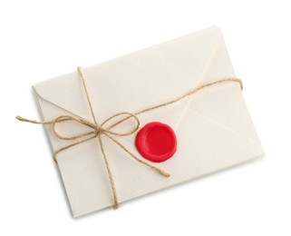Photo of Stack of love letters with seal isolated on white, top view