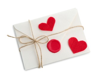 Photo of Stack of love letters and paper hearts isolated on white, top view