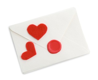 Photo of Stack of love letters and paper hearts isolated on white, top view