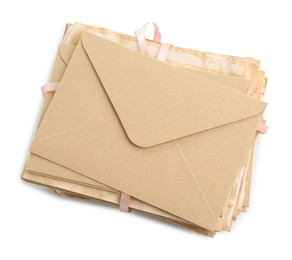 Photo of Stack of love letters in envelopes isolated on white, top view