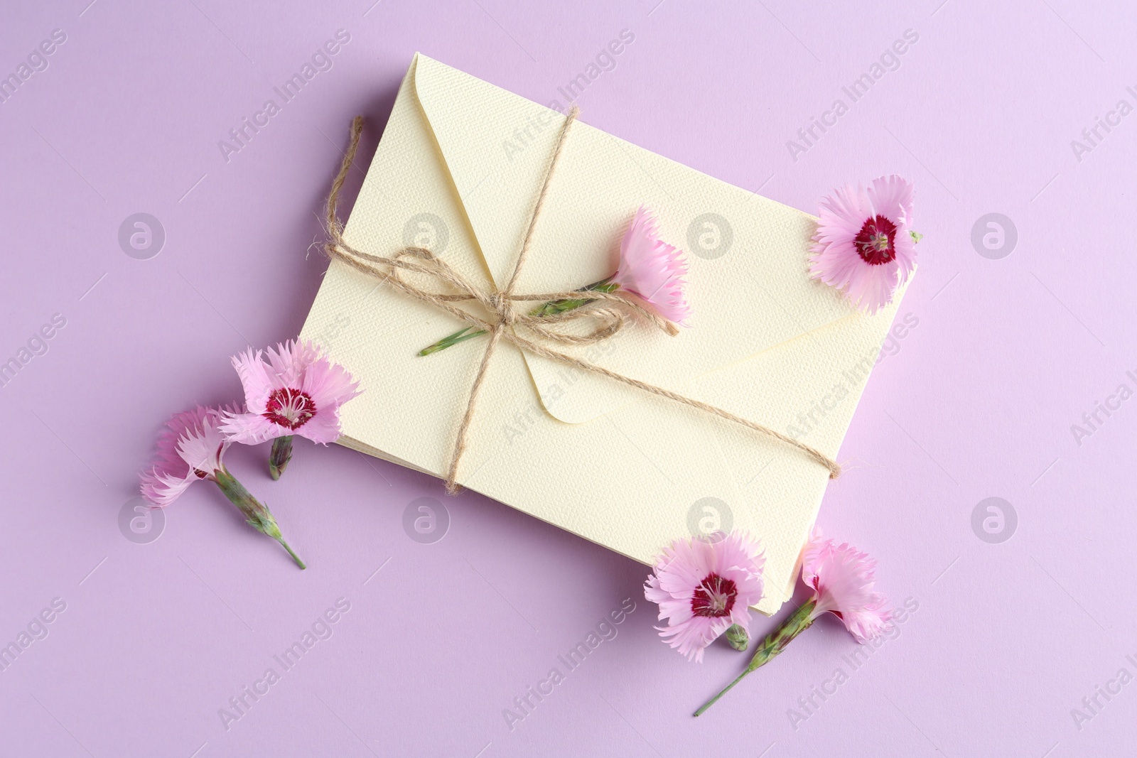 Stack of love letters and carnation flowers on violet background, flat lay Photo of Stack of love letters and carnation flowers on violet background, flat lay