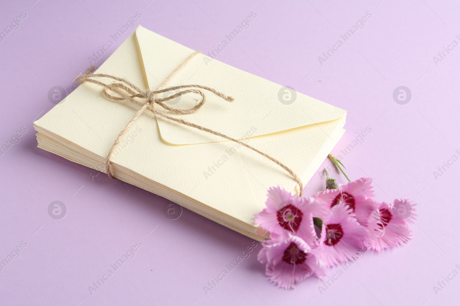 Stack of love letters and carnation flowers on violet background, closeup Photo of Stack of love letters and carnation flowers on violet background, closeup