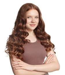 Photo of Portrait of beautiful teenage girl with healthy wavy hair on white background
