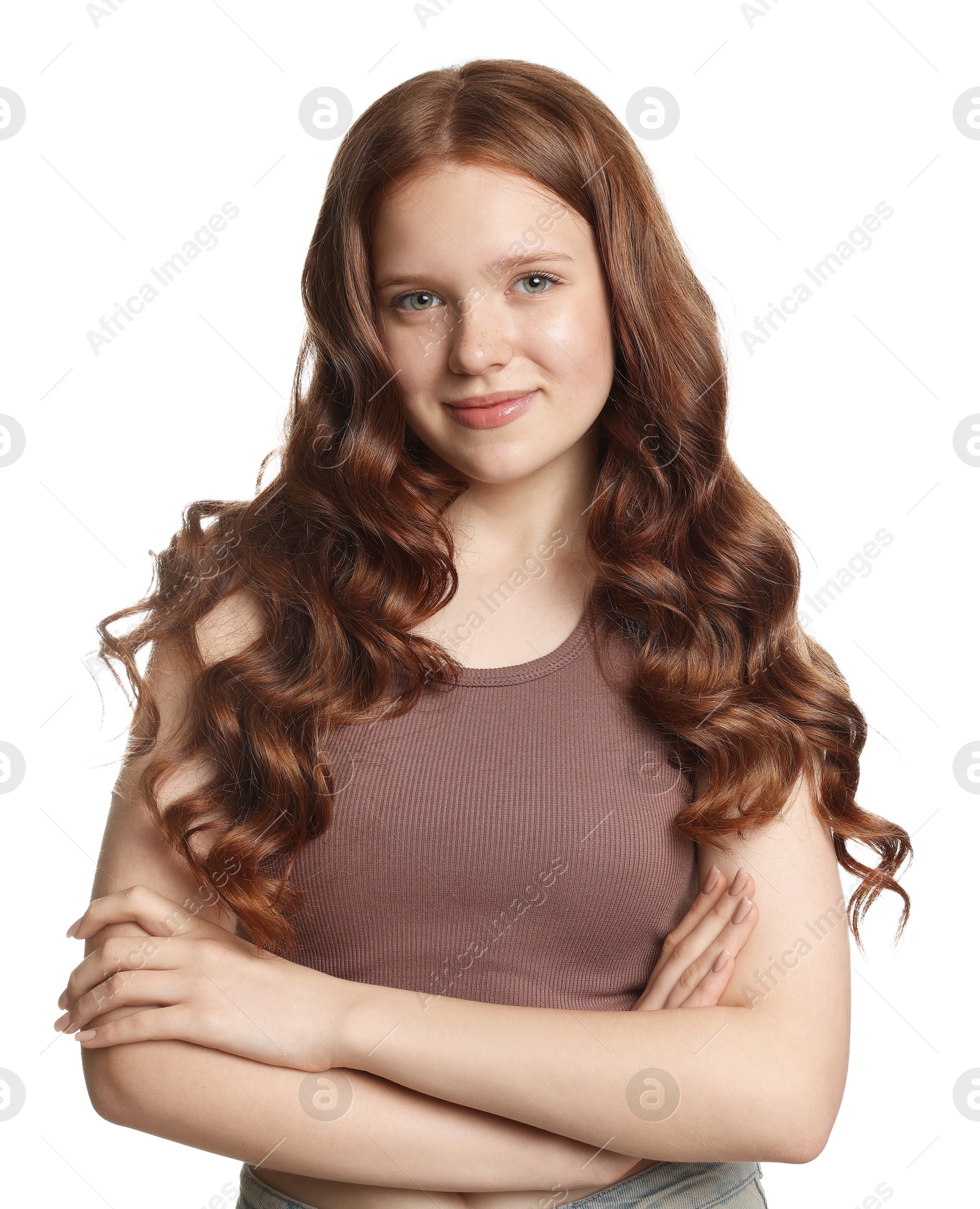 Portrait of beautiful teenage girl with healthy wavy hair on white background Photo of Portrait of beautiful teenage girl with healthy wavy hair on white background