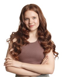Photo of Portrait of beautiful teenage girl with healthy wavy hair on white background