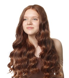 Photo of Portrait of beautiful teenage girl with healthy wavy hair on white background