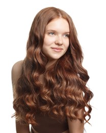 Photo of Teenage girl with healthy wavy hair on white background
