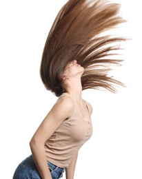Photo of Teenage girl with healthy long hair on white background