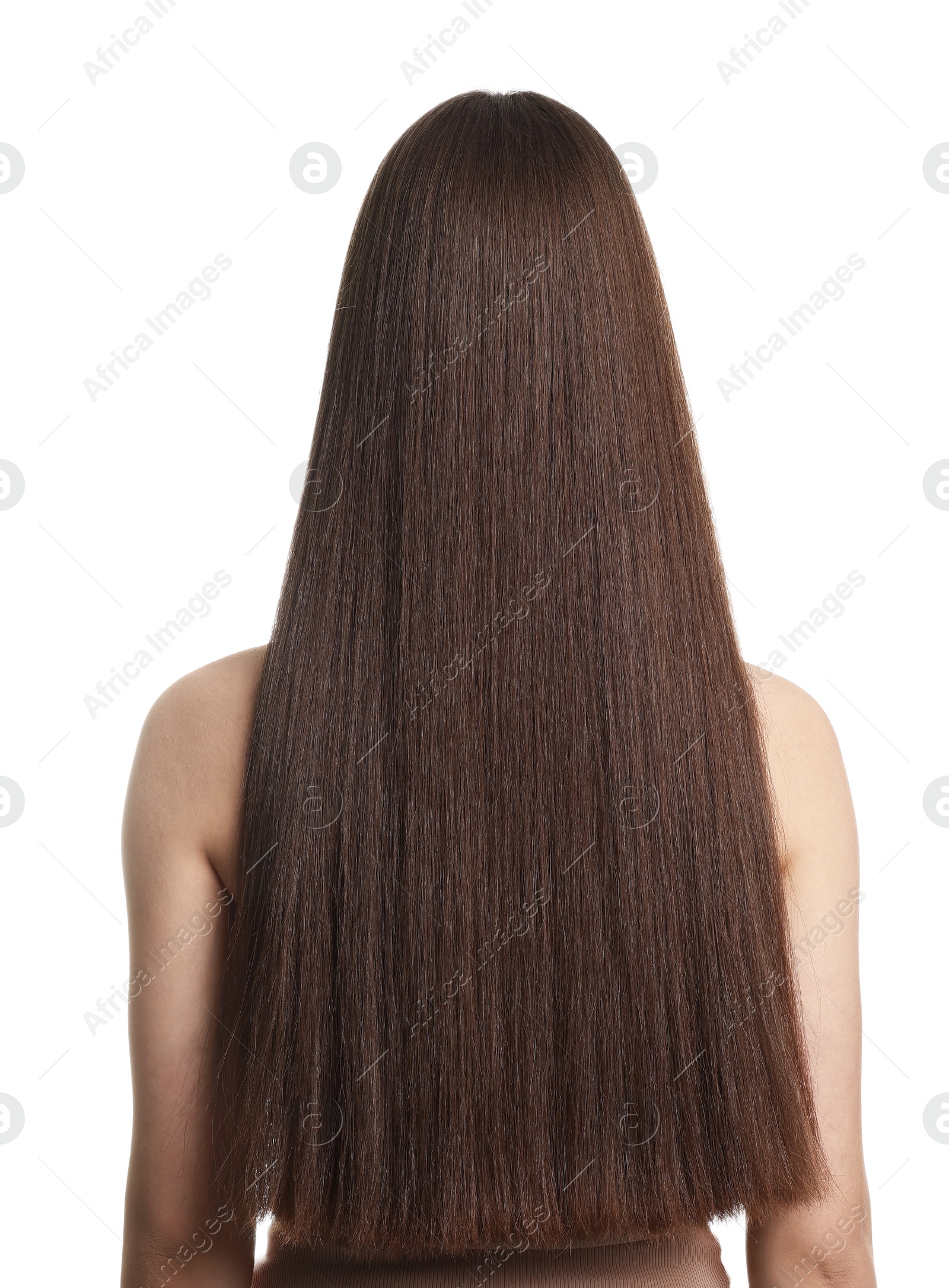 Teenage girl with healthy long hair on white background, back view Photo of Teenage girl with healthy long hair on white background, back view