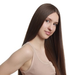 Photo of Portrait of beautiful teenage girl with healthy long hair on white background
