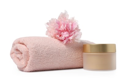 Photo of Soft towel, cosmetic product and peony flower isolated on white