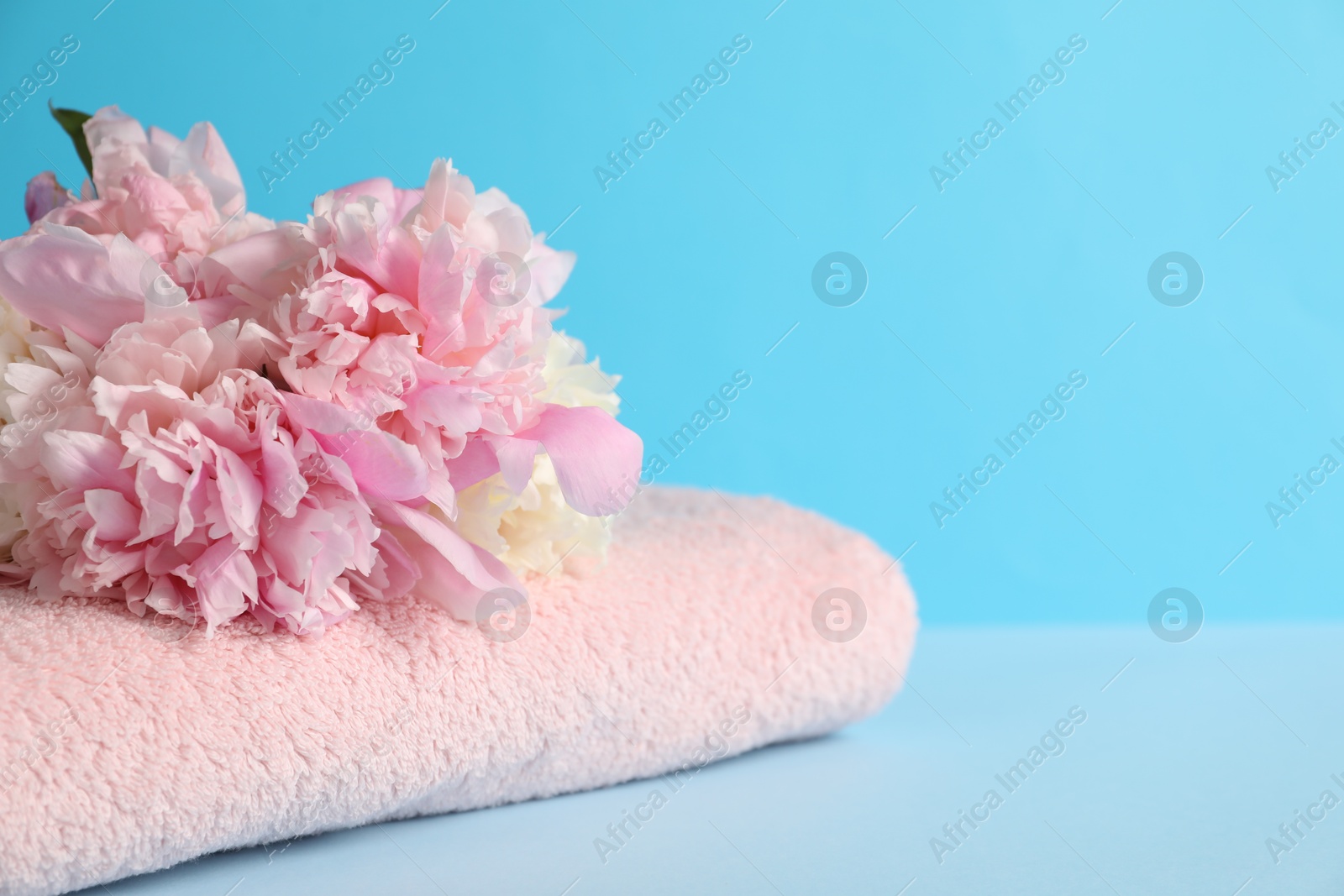 Soft towel and peony flowers on light blue background, closeup. Space for text Photo of Soft towel and peony flowers on light blue background, closeup. Space for text