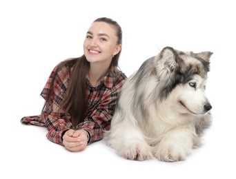 Photo of Woman with her beautiful Alaskan malamute dog on white background