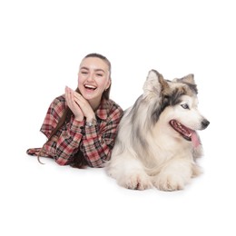 Photo of Woman with her beautiful Alaskan malamute dog on white background