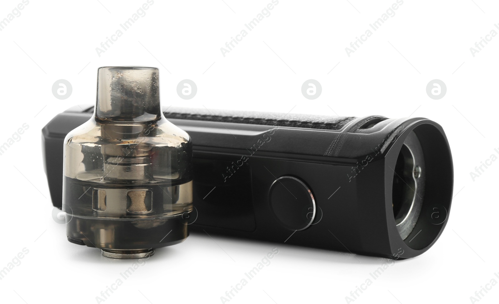 Photo of Black electronic smoking device and empty cartridge isolated on white