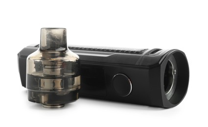 Photo of Black electronic smoking device and empty cartridge isolated on white