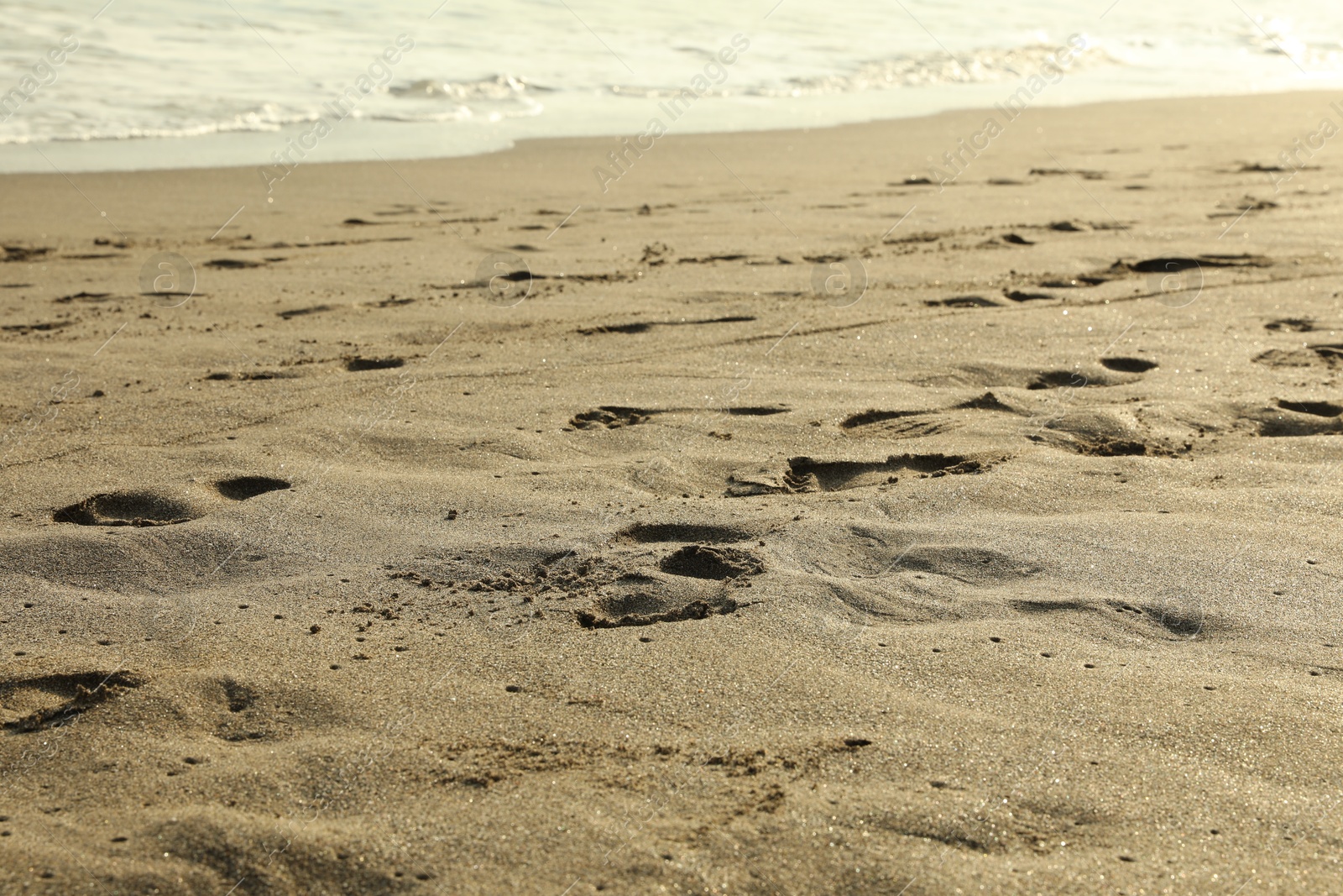 Sandy beach with footprints near sea, closeup Photo of Sandy beach with footprints near sea, closeup