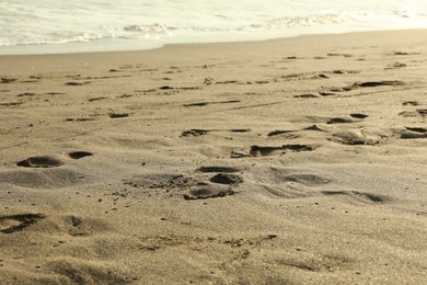 Photo of Sandy beach with footprints near sea, closeup